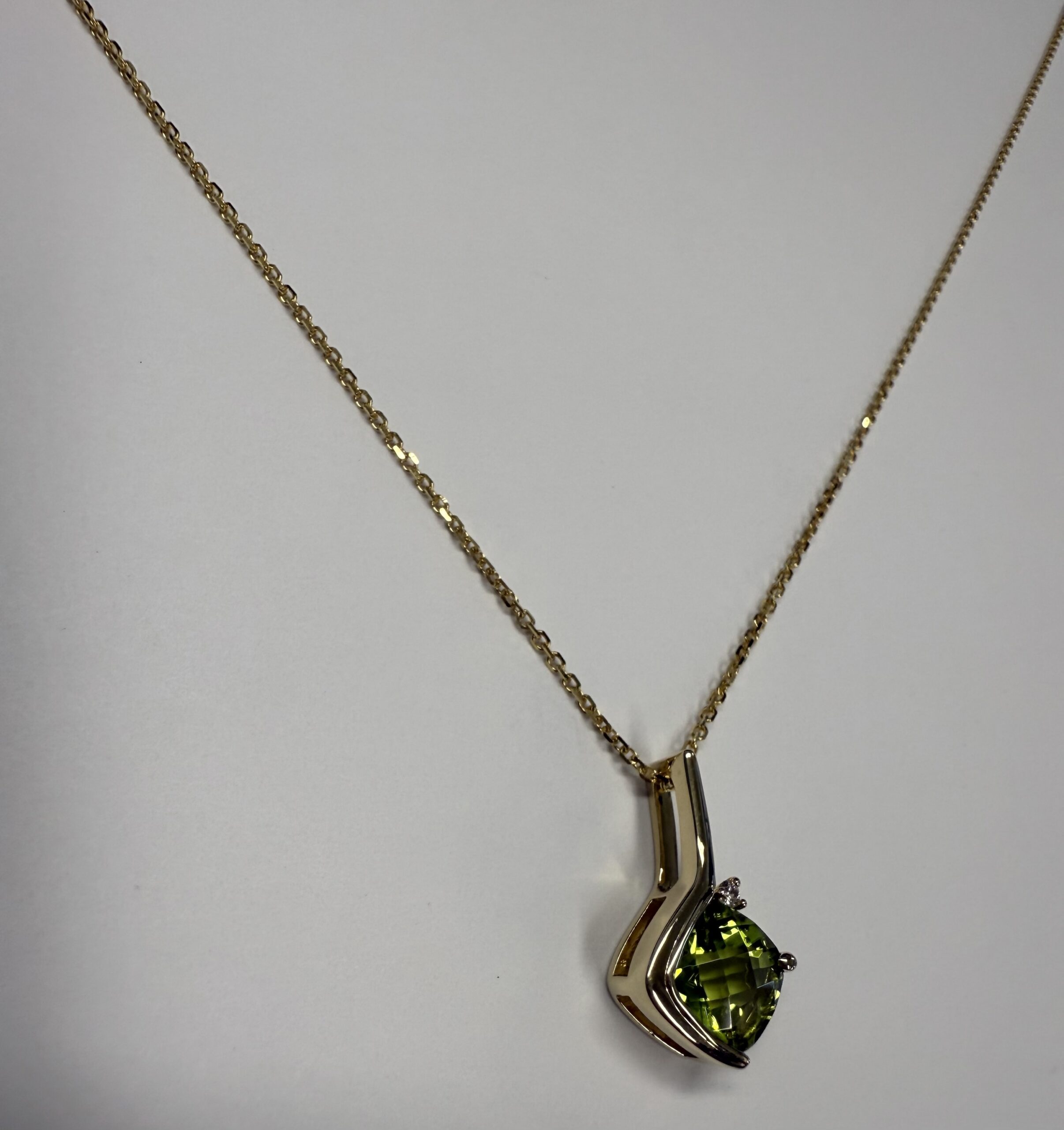 14k Yellow Gold Genuine 1.80 Carat Peridot & .02 Cttw Diamond Freeform Pendant - Image 6