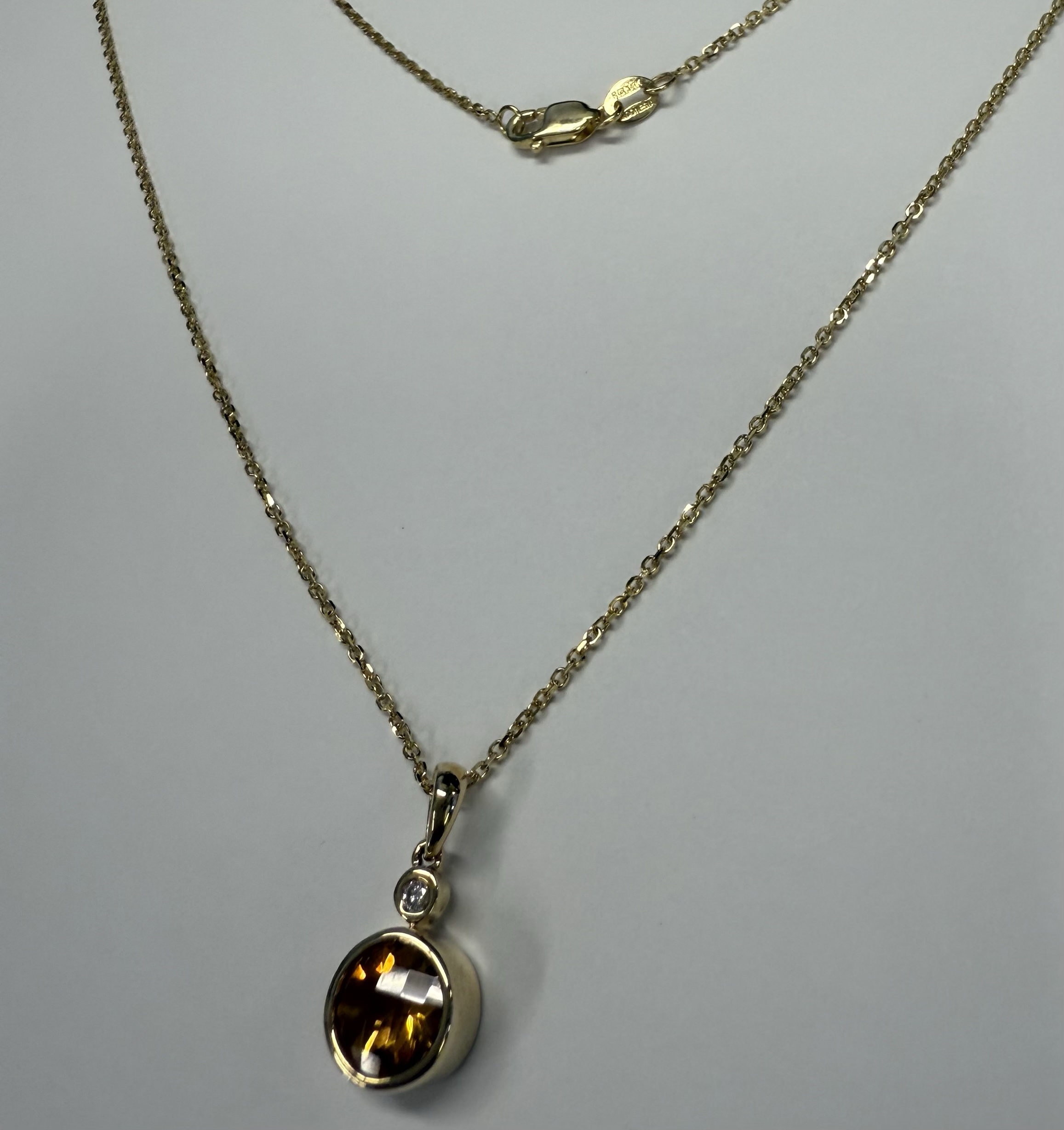 14k Yellow Gold Genuine 1.20 Carat Citrine & Diamond Bezel Dangle Pendant - Image 10