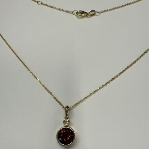 14k Yellow Gold Genuine 1.55 Carat Garnet & .03 Cttw Diamond Bezel Dangle Pendant