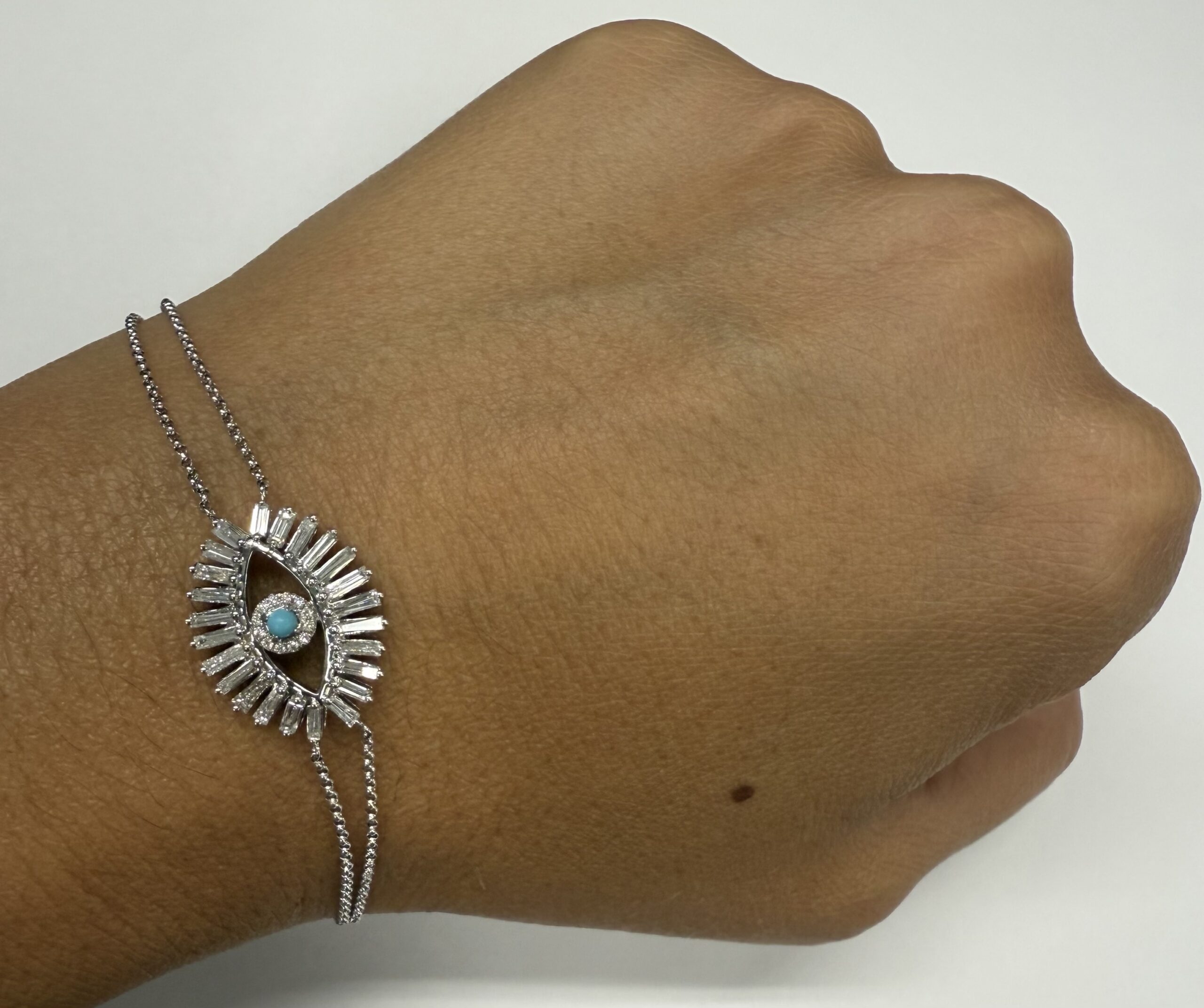 18k White Gold Genuine .70 Cttw Diamond Baguette "Evil Eye" Bracelet - Image 2