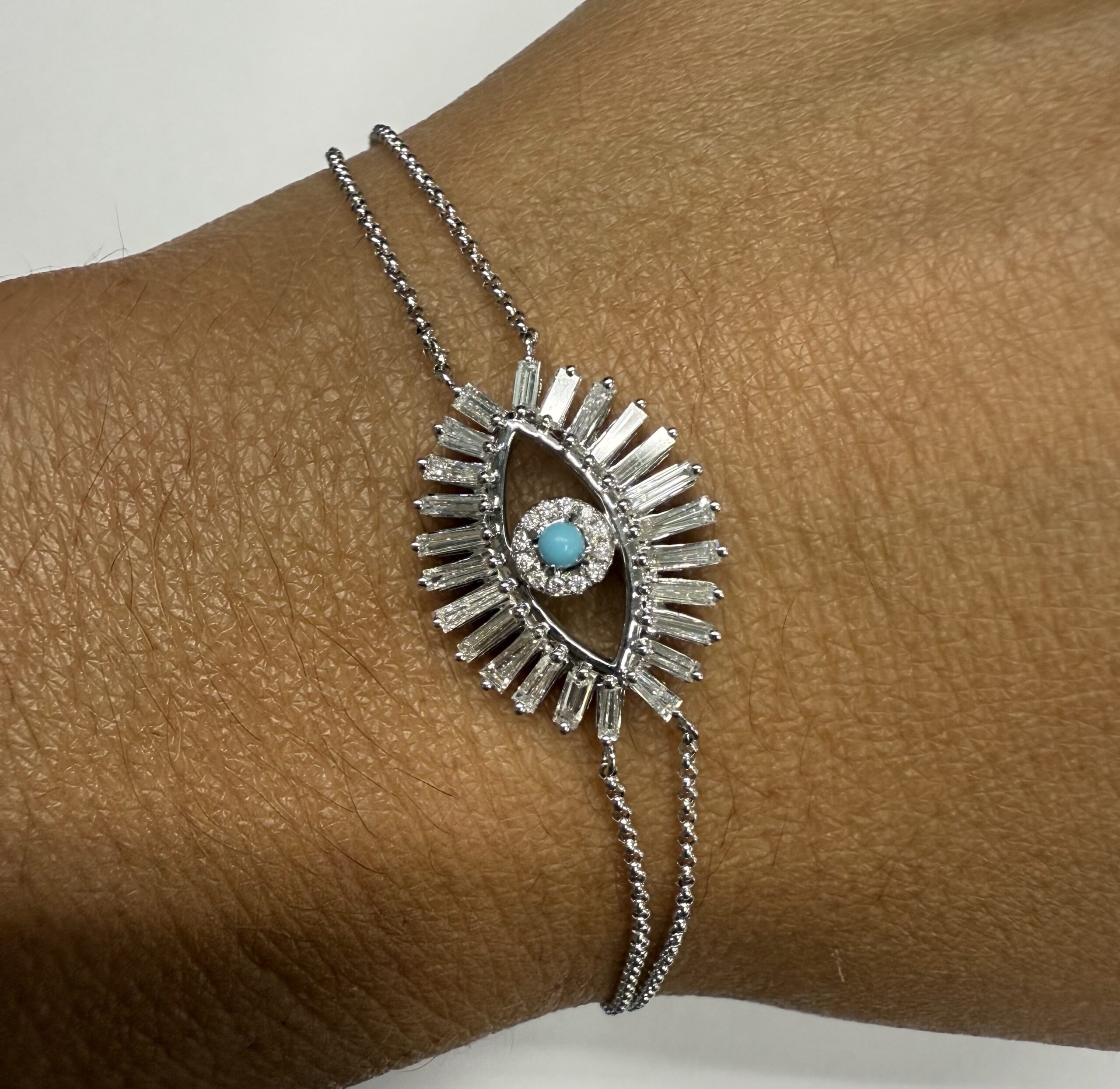 18k White Gold Genuine .70 Cttw Diamond Baguette "Evil Eye" Bracelet
