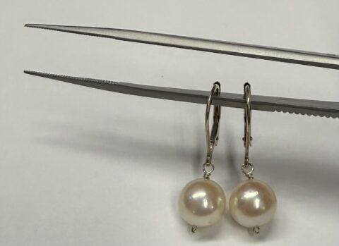 14k Yellow Gold 8.5 MM Cultured Saltwater Akoya Pearl Lever back Dangle Earrings