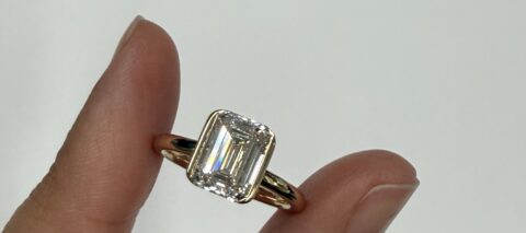 14k Yellow Gold Genuine IGI Certified Laboratory Grown 2.41 Carat Emerald Cut Diamond Partial Bezel Ring