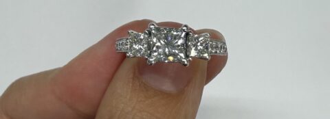 18k White Gold Genuine GIA Certified 1.01 Carat Princess Cut Diamond 3 Stone Ring, 1.88 Cttw