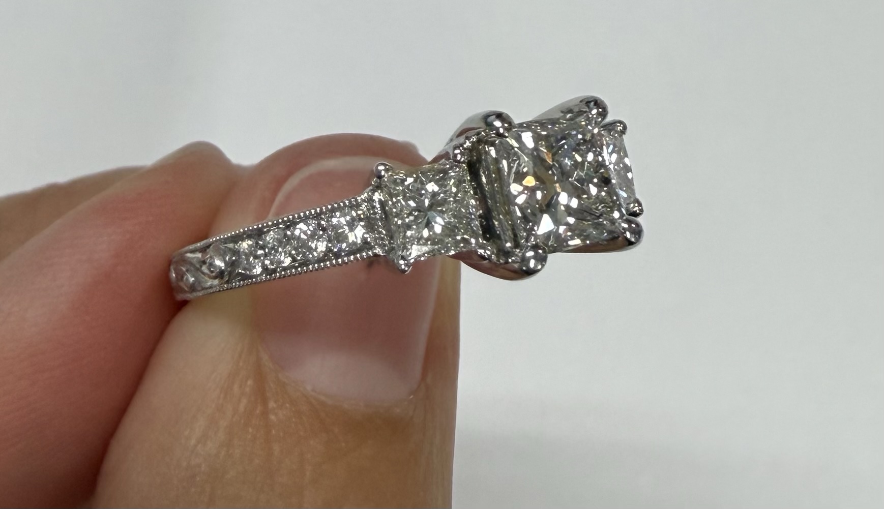 18k White Gold Genuine GIA Certified 1.01 Carat Princess Cut Diamond 3 Stone Ring, 1.88 Cttw - Image 2