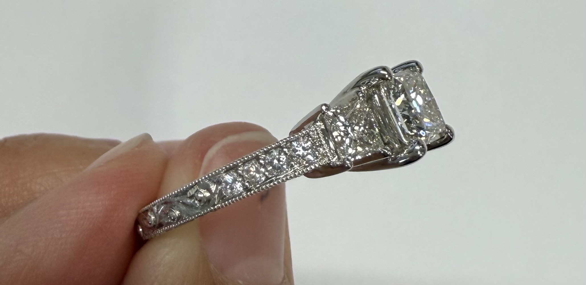 18k White Gold Genuine GIA Certified 1.01 Carat Princess Cut Diamond 3 Stone Ring, 1.88 Cttw - Image 3