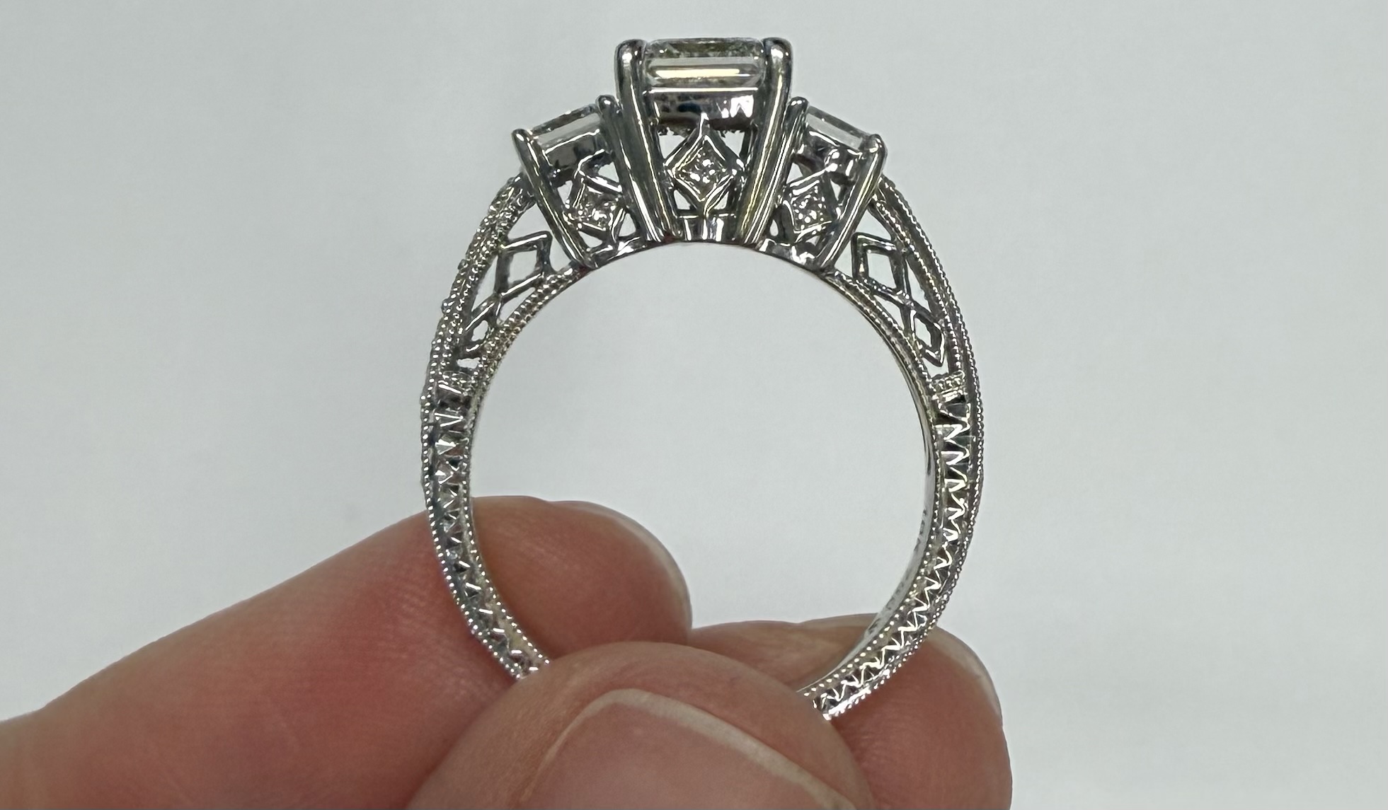 18k White Gold Genuine GIA Certified 1.01 Carat Princess Cut Diamond 3 Stone Ring, 1.88 Cttw - Image 6