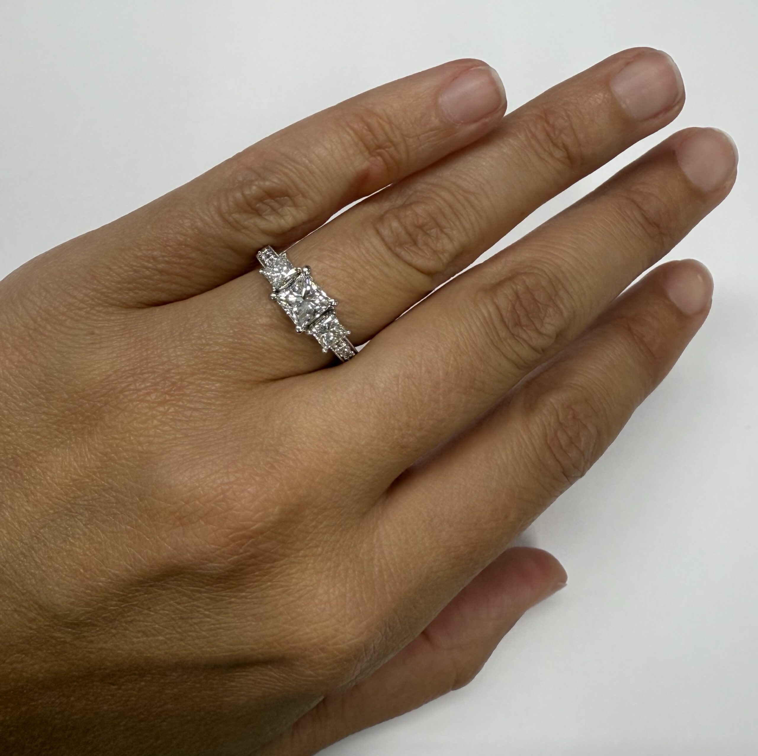 18k White Gold Genuine GIA Certified 1.01 Carat Princess Cut Diamond 3 Stone Ring, 1.88 Cttw - Image 8