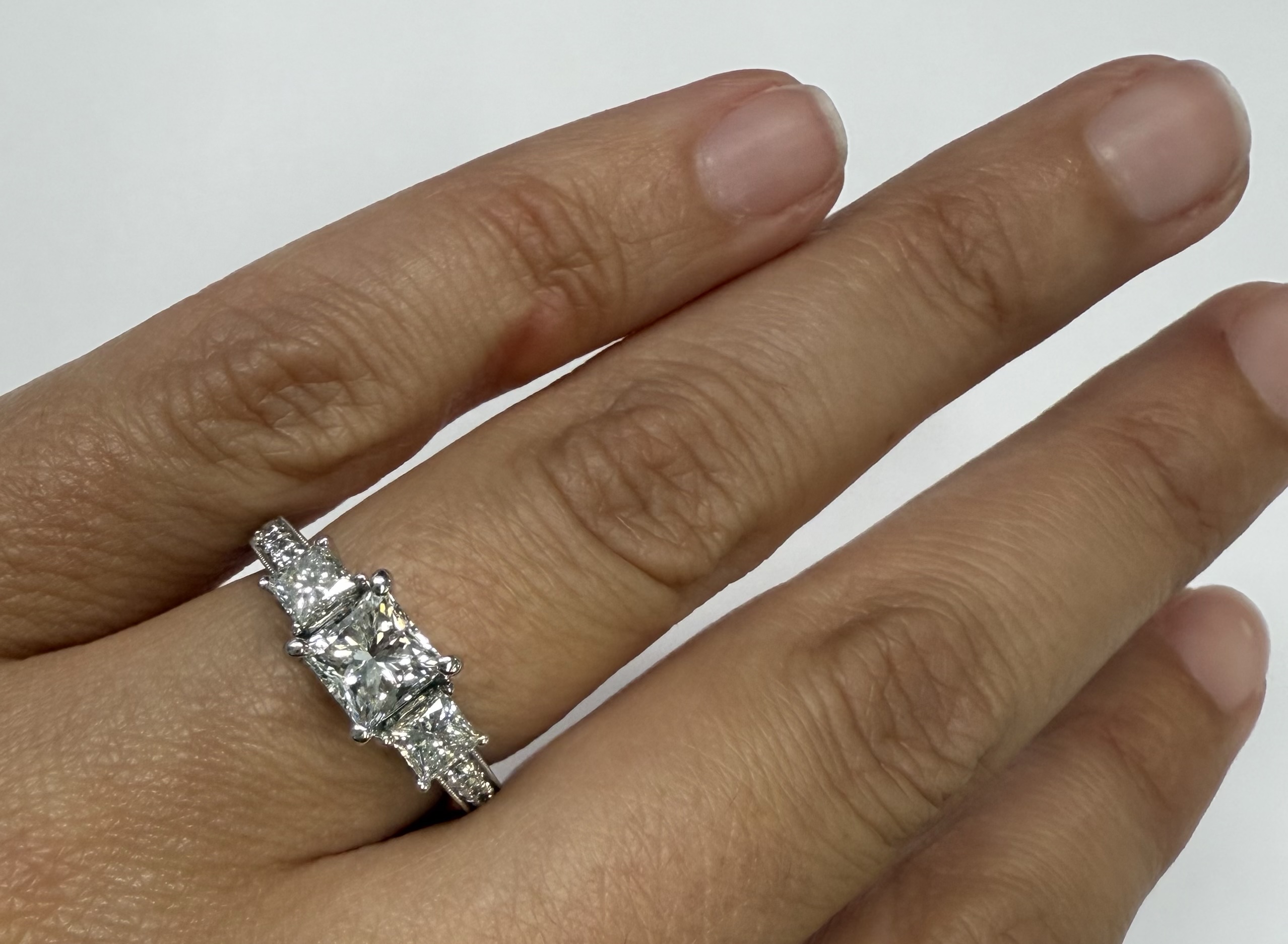 18k White Gold Genuine GIA Certified 1.01 Carat Princess Cut Diamond 3 Stone Ring, 1.88 Cttw - Image 9