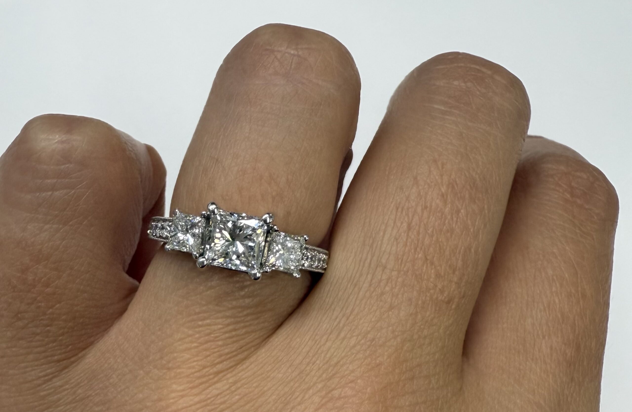 18k White Gold Genuine GIA Certified 1.01 Carat Princess Cut Diamond 3 Stone Ring, 1.88 Cttw - Image 11