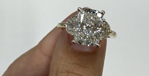 14k Yellow Gold Genuine Laboratory Grown IGI Certified 3.02 Carat Cushion Brilliant Cut Diamond & 1/2 Moon Diamond 3 Stone Ring