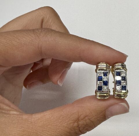 Vintage 14k 2tone Genuine 1/4 Carat Round Brilliant Cut Diamond & 1/3 Cttw Sapphire Post & Clip Earrings