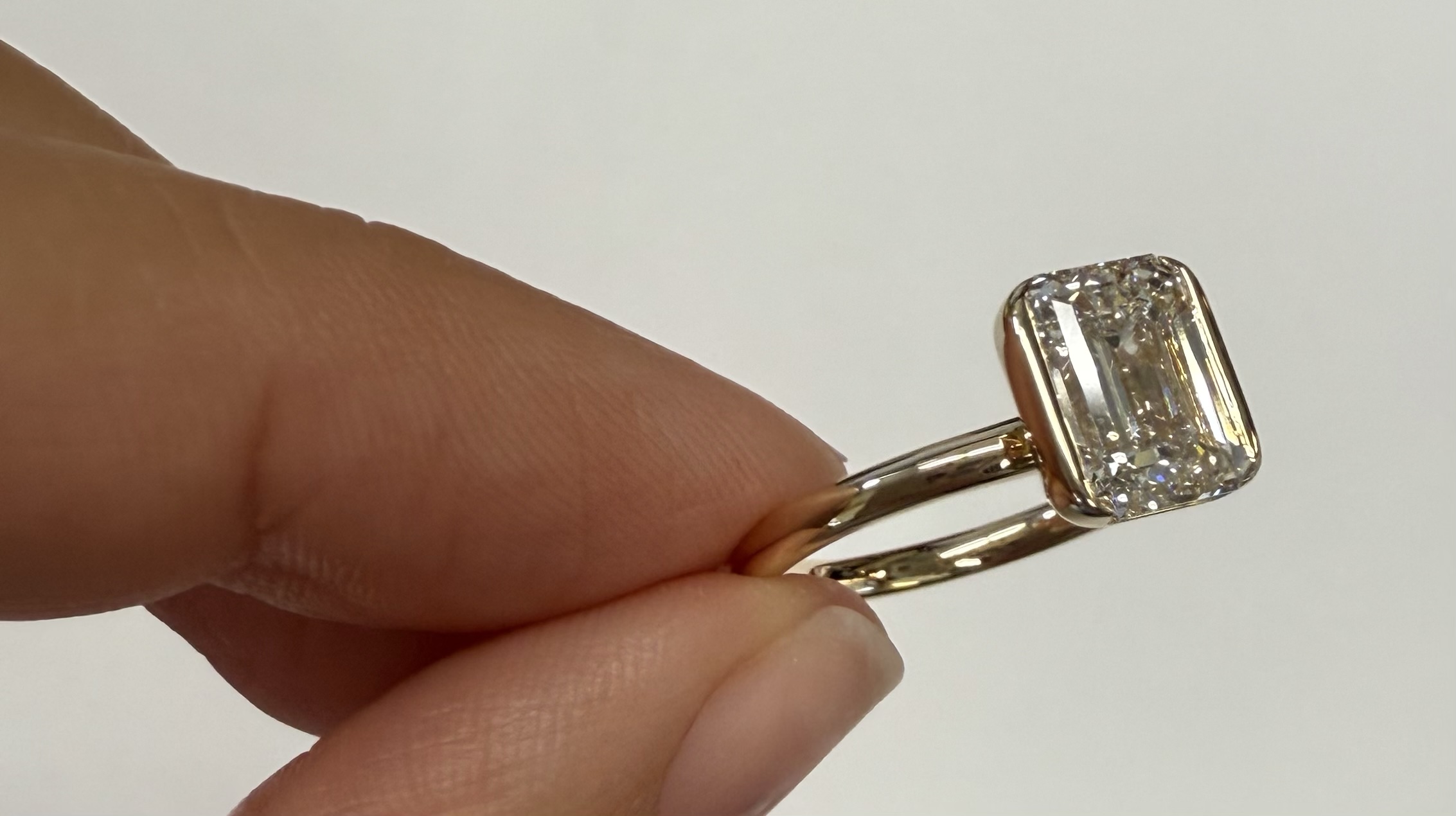 14k Yellow Gold Genuine IGI Certified Laboratory Grown 2.41 Carat Emerald Cut Diamond Partial Bezel Ring - Image 3