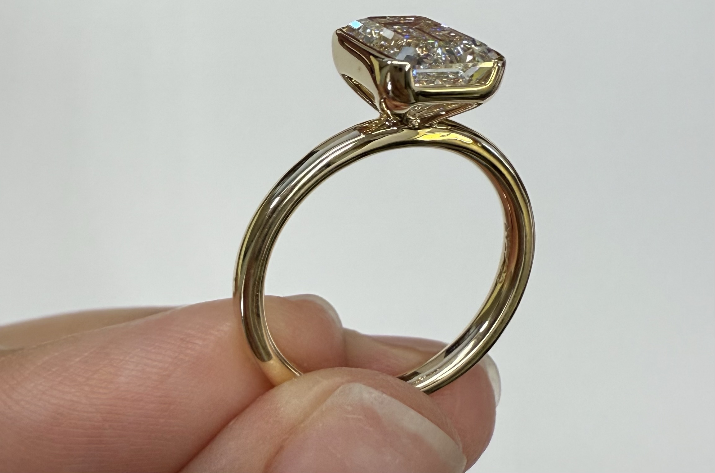 14k Yellow Gold Genuine IGI Certified Laboratory Grown 2.41 Carat Emerald Cut Diamond Partial Bezel Ring - Image 10