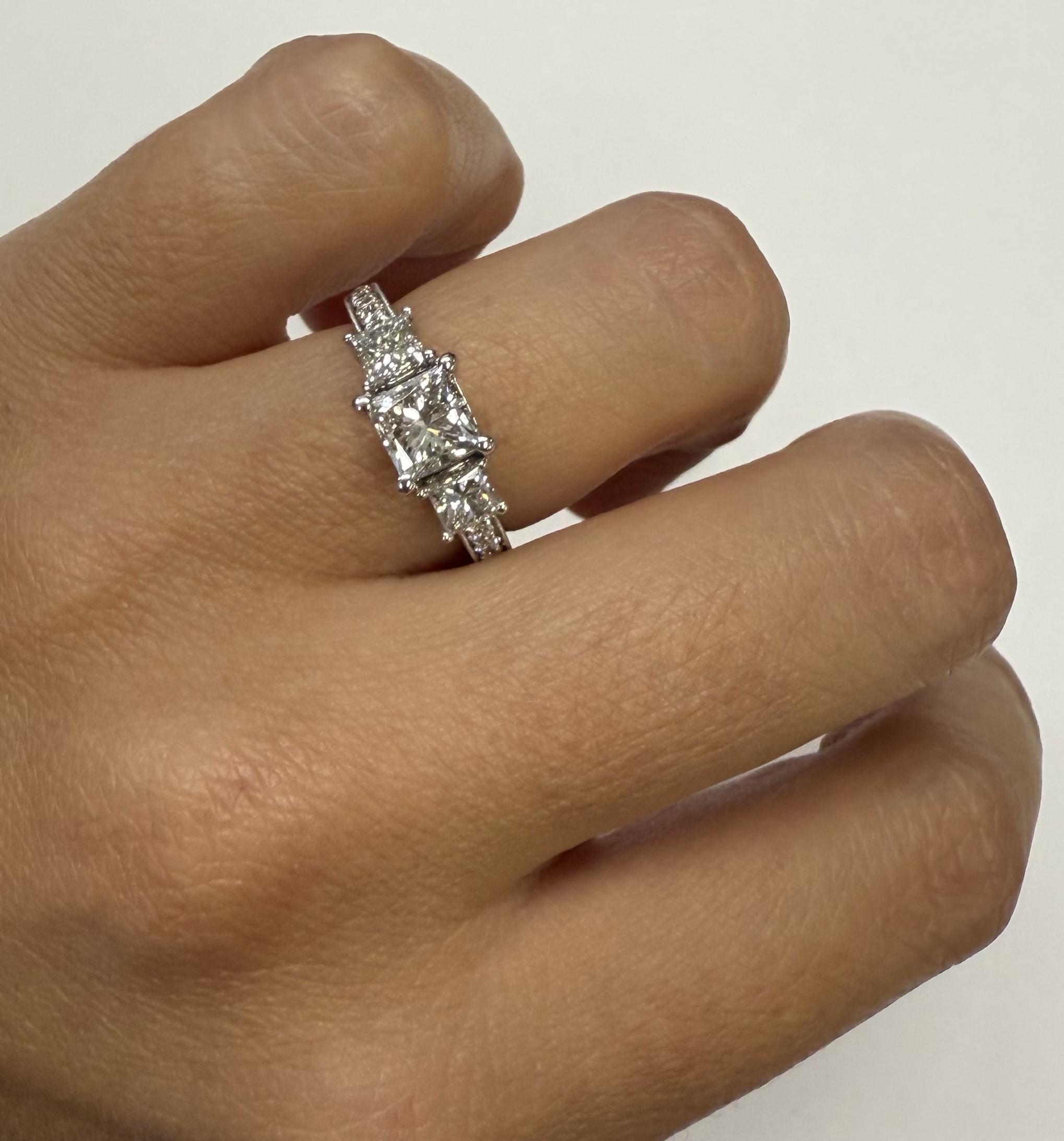 18k White Gold Genuine GIA Certified 1.01 Carat Princess Cut Diamond 3 Stone Ring, 1.88 Cttw - Image 12