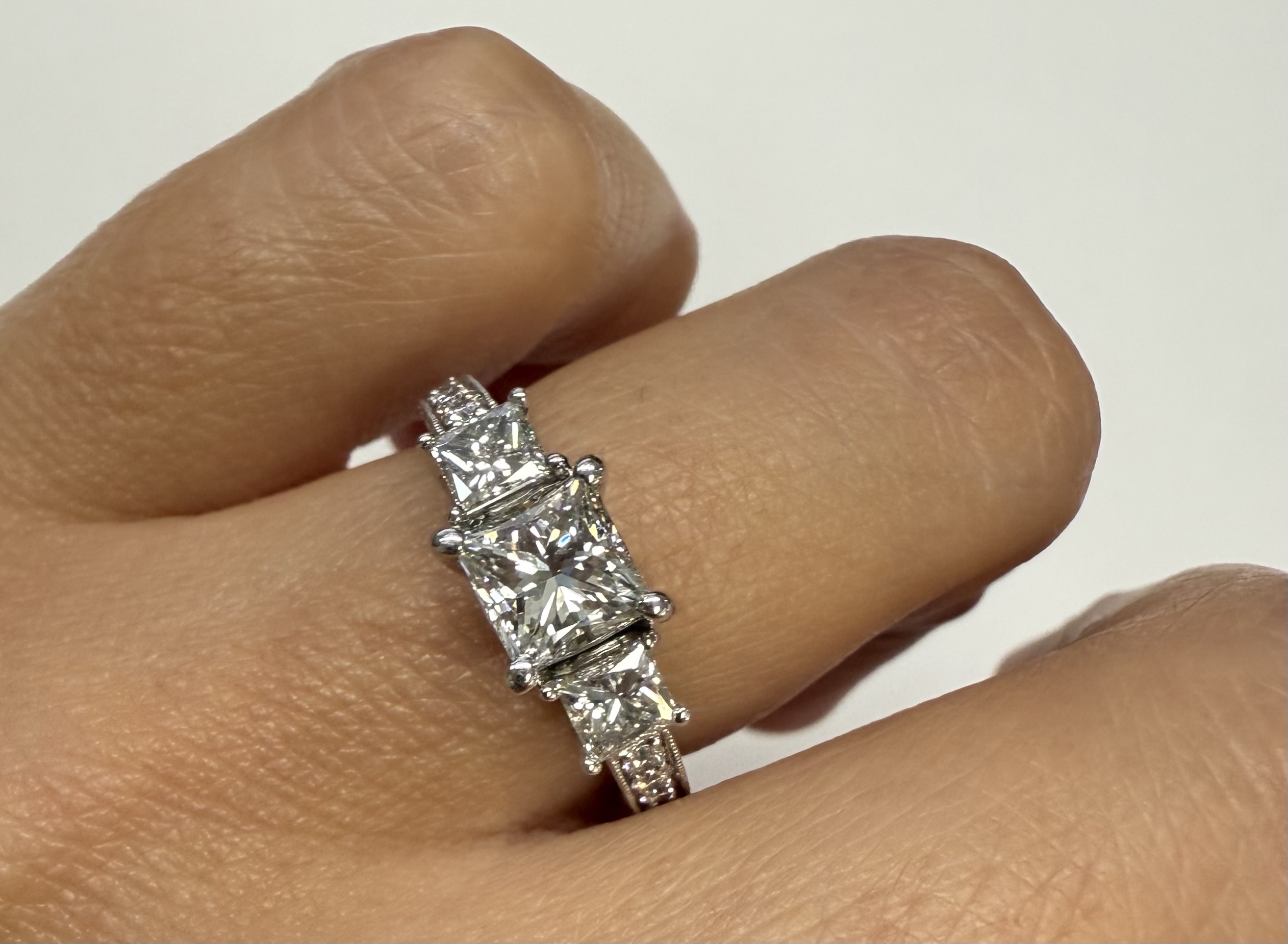 18k White Gold Genuine GIA Certified 1.01 Carat Princess Cut Diamond 3 Stone Ring, 1.88 Cttw - Image 13