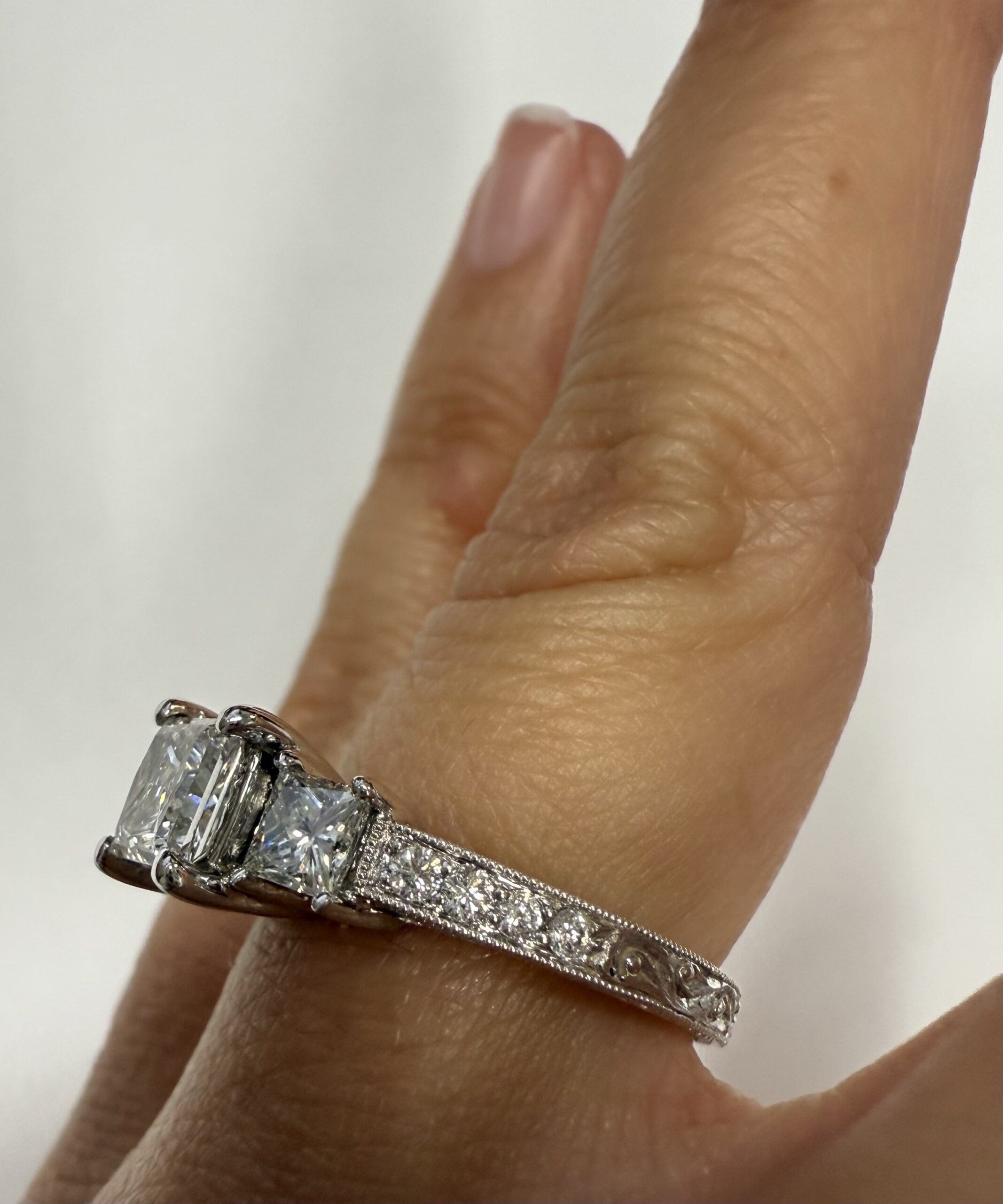 18k White Gold Genuine GIA Certified 1.01 Carat Princess Cut Diamond 3 Stone Ring, 1.88 Cttw - Image 21