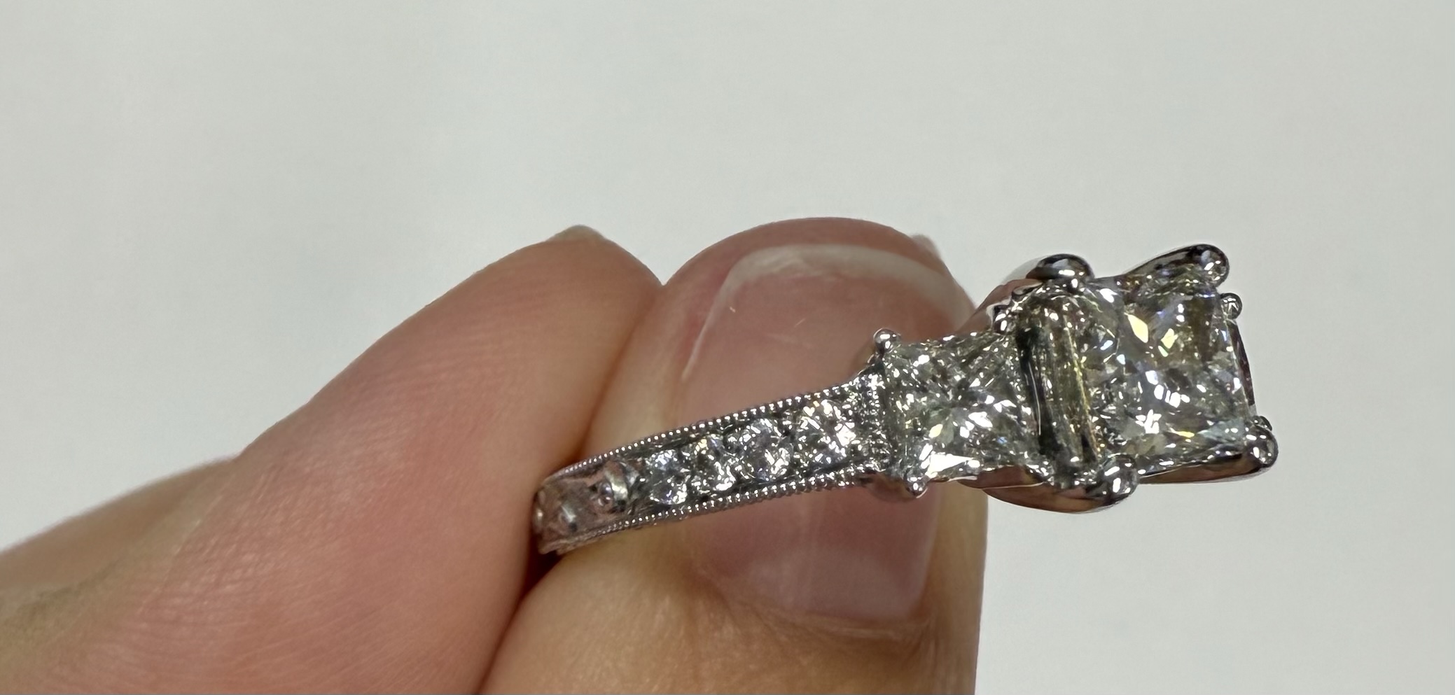 18k White Gold Genuine GIA Certified 1.01 Carat Princess Cut Diamond 3 Stone Ring, 1.88 Cttw - Image 23