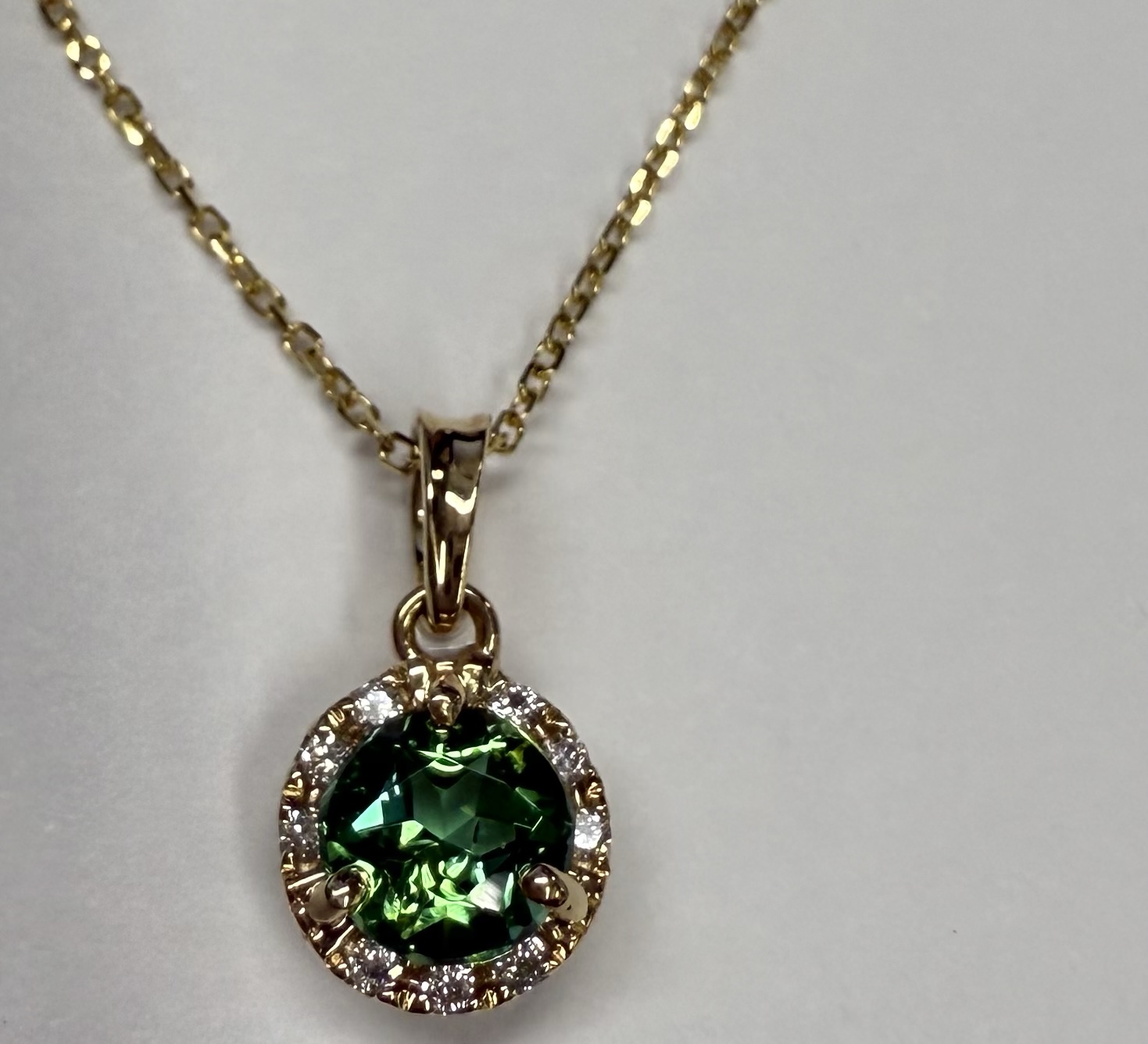 14k Yellow Gold Genuine .64 Cttw Green Tourmaline & Diamond Halo Pendant - Image 6