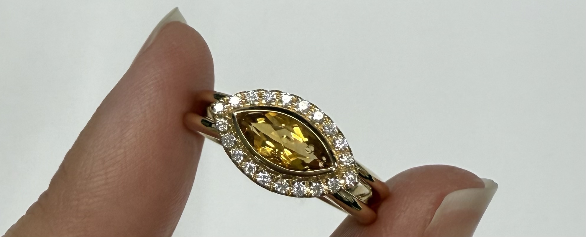 14k Yellow Gold East West Bezel Set Genuine .71 Cttw Citrine & Diamond Halo Ring