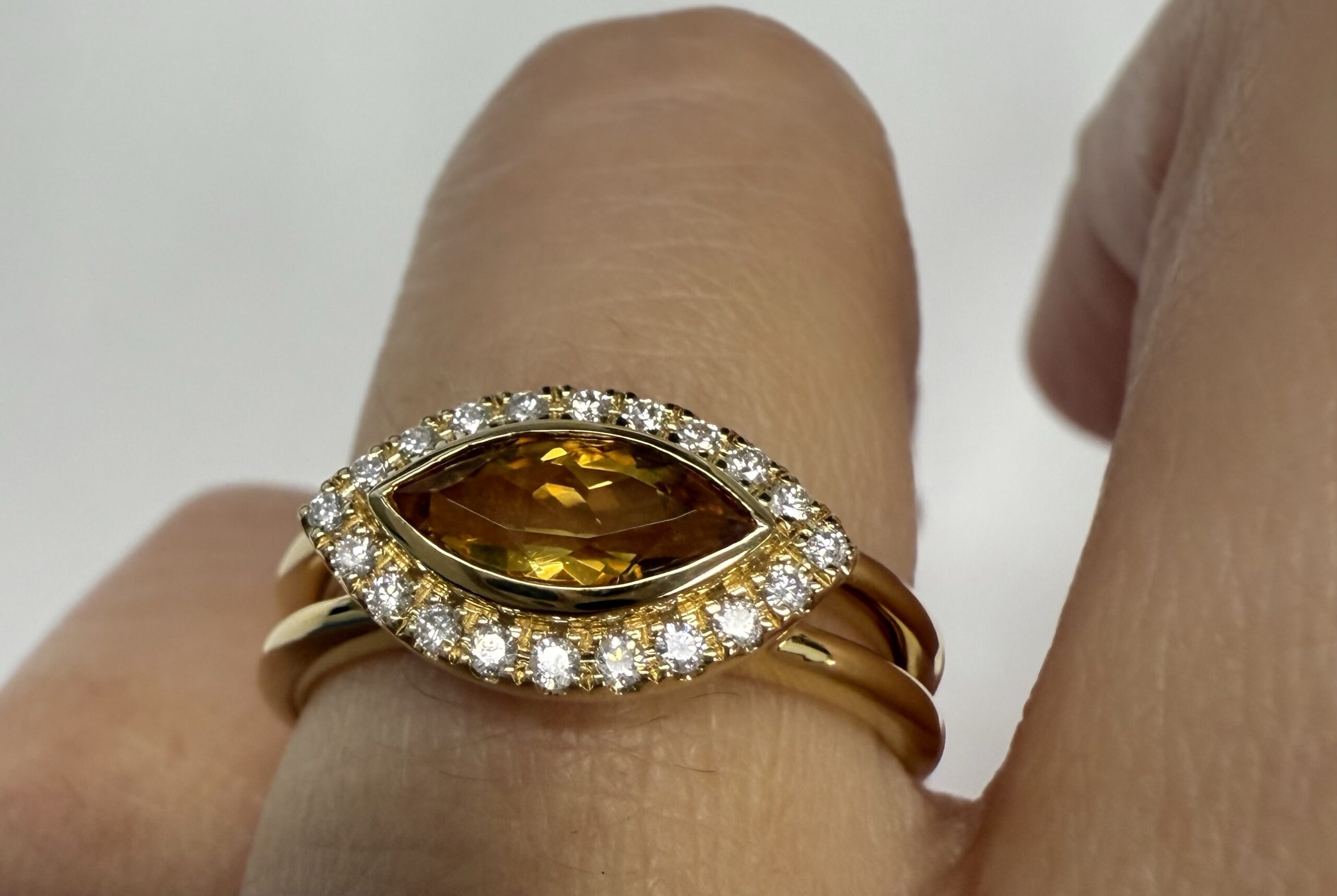 14k Yellow Gold East West Bezel Set Genuine .71 Cttw Citrine & Diamond Halo Ring - Image 11