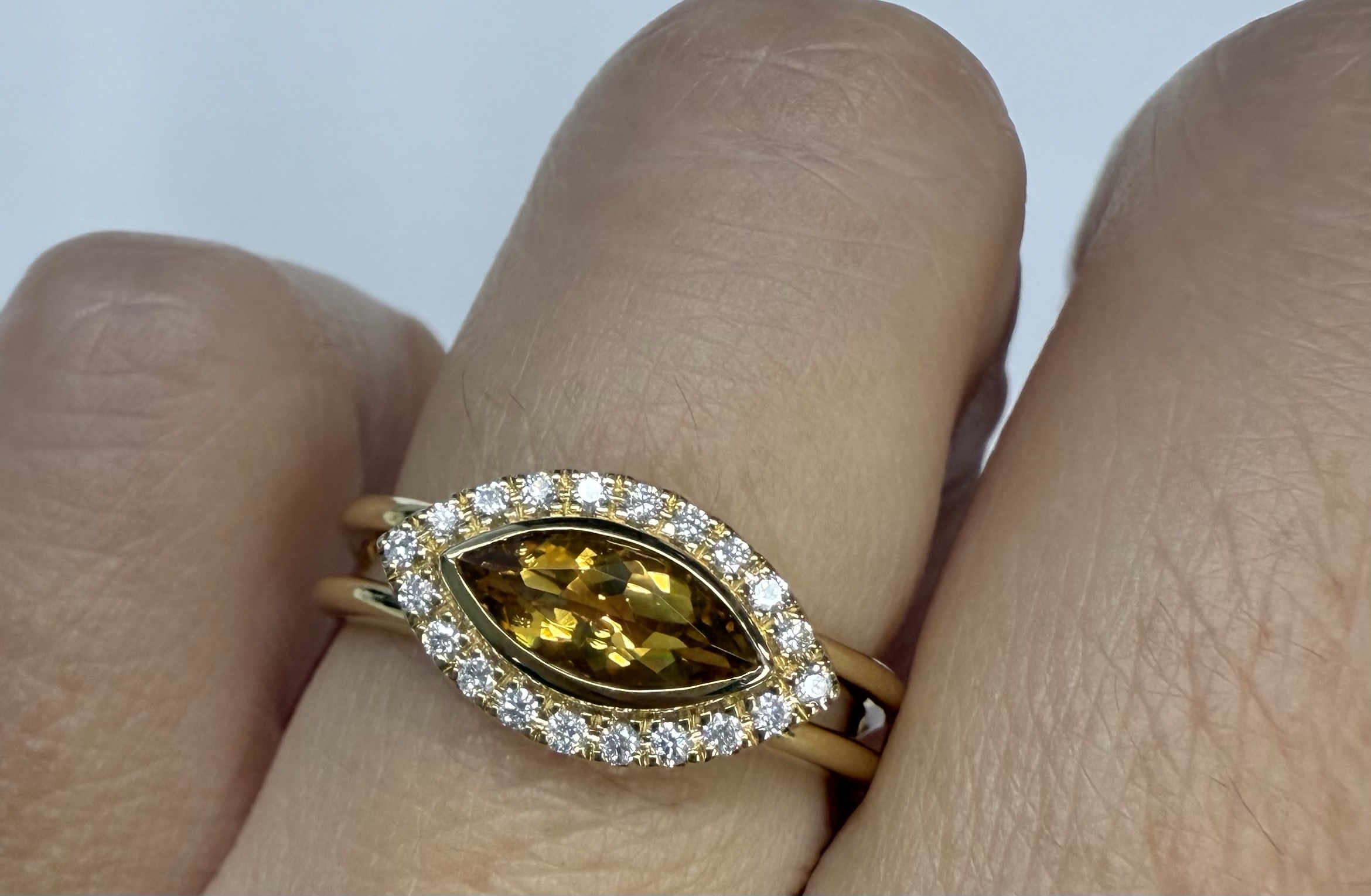 14k Yellow Gold East West Bezel Set Genuine .71 Cttw Citrine & Diamond Halo Ring - Image 9