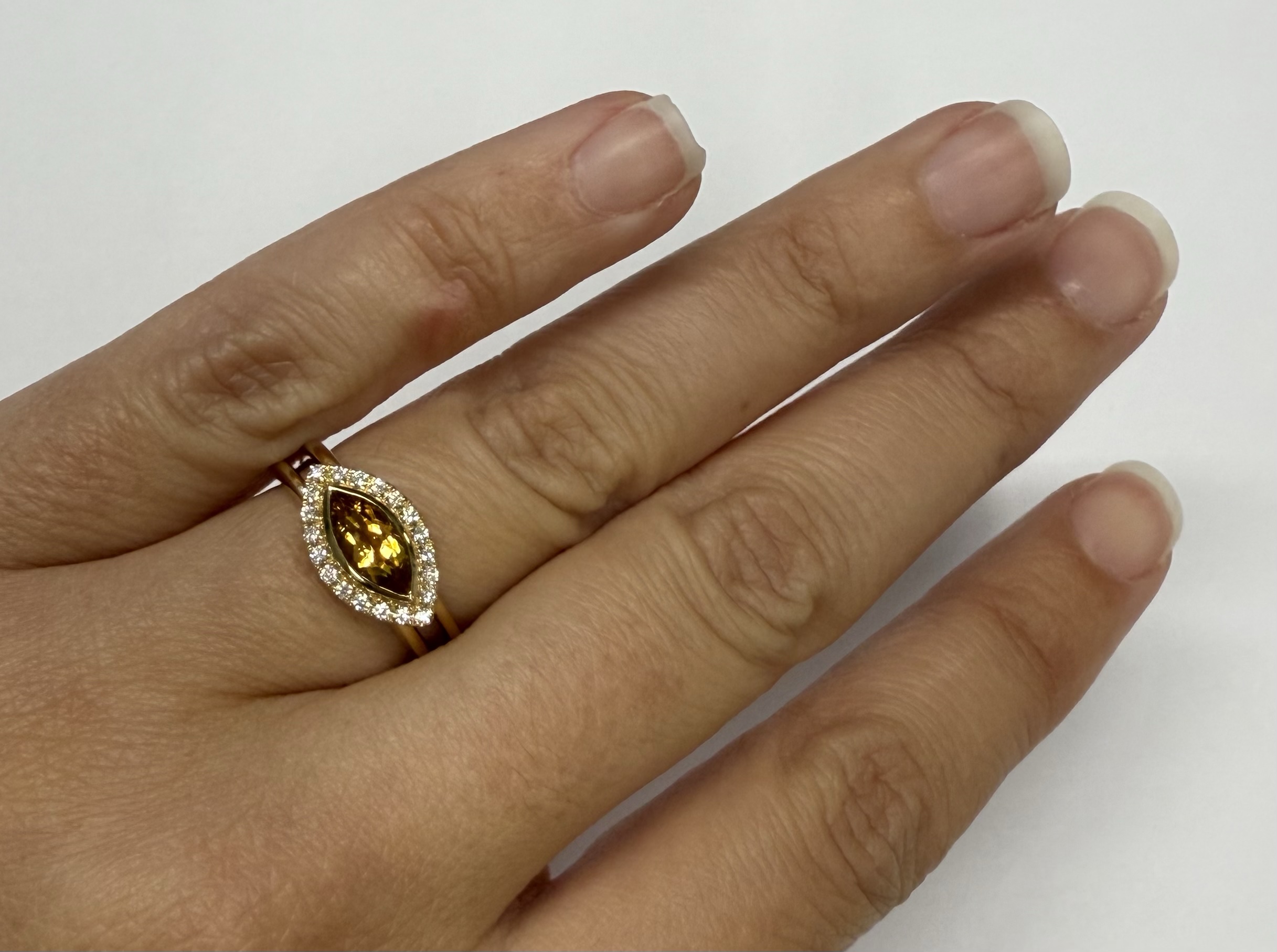 14k Yellow Gold East West Bezel Set Genuine .71 Cttw Citrine & Diamond Halo Ring - Image 7