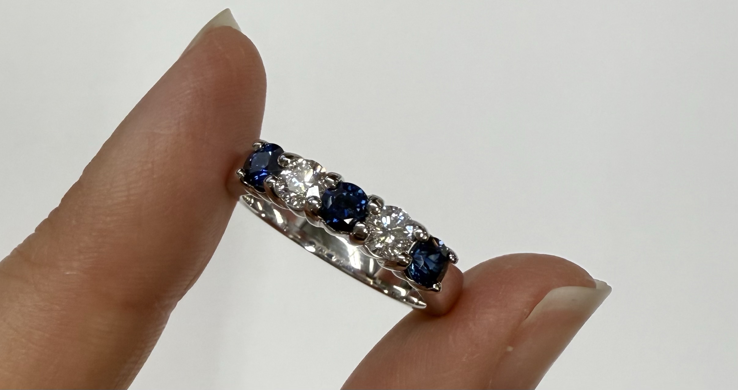 14k White Gold 5 Stone Genuine .77 Cttw Sapphire & .44 Cttw Diamond Band - Image 2