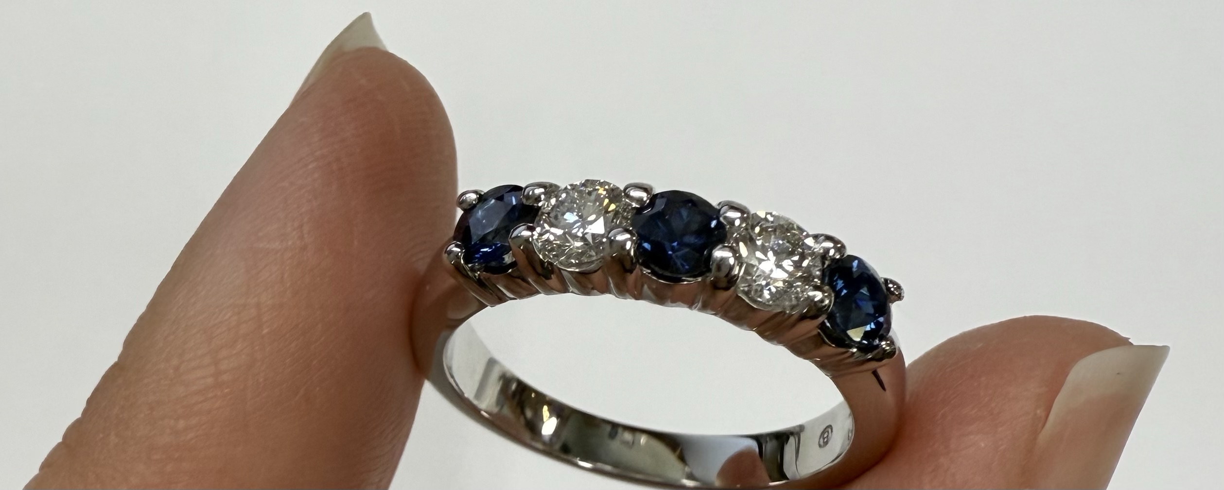 14k White Gold 5 Stone Genuine .77 Cttw Sapphire & .44 Cttw Diamond Band - Image 4