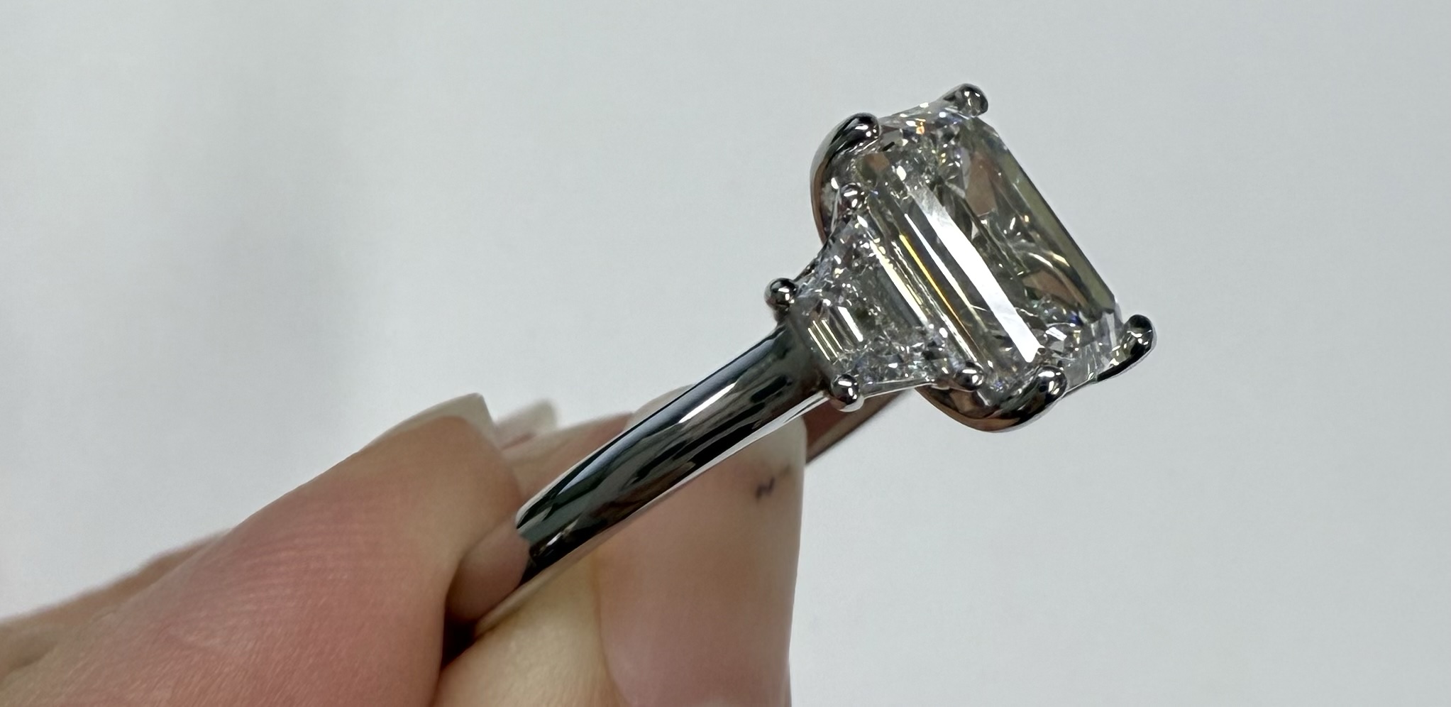 Custom Made Platinum IGI Certified Genuine 3.07 Carat Laboratory Grown Emerald Cut Diamond & Trapezoid Ring - Image 20