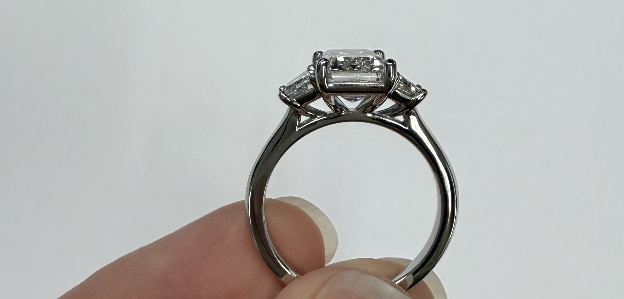 Custom Made Platinum IGI Certified Genuine 3.07 Carat Laboratory Grown Emerald Cut Diamond & Trapezoid Ring - Image 21