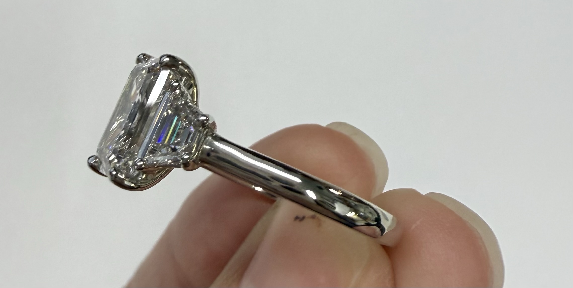 Custom Made Platinum IGI Certified Genuine 3.07 Carat Laboratory Grown Emerald Cut Diamond & Trapezoid Ring - Image 17