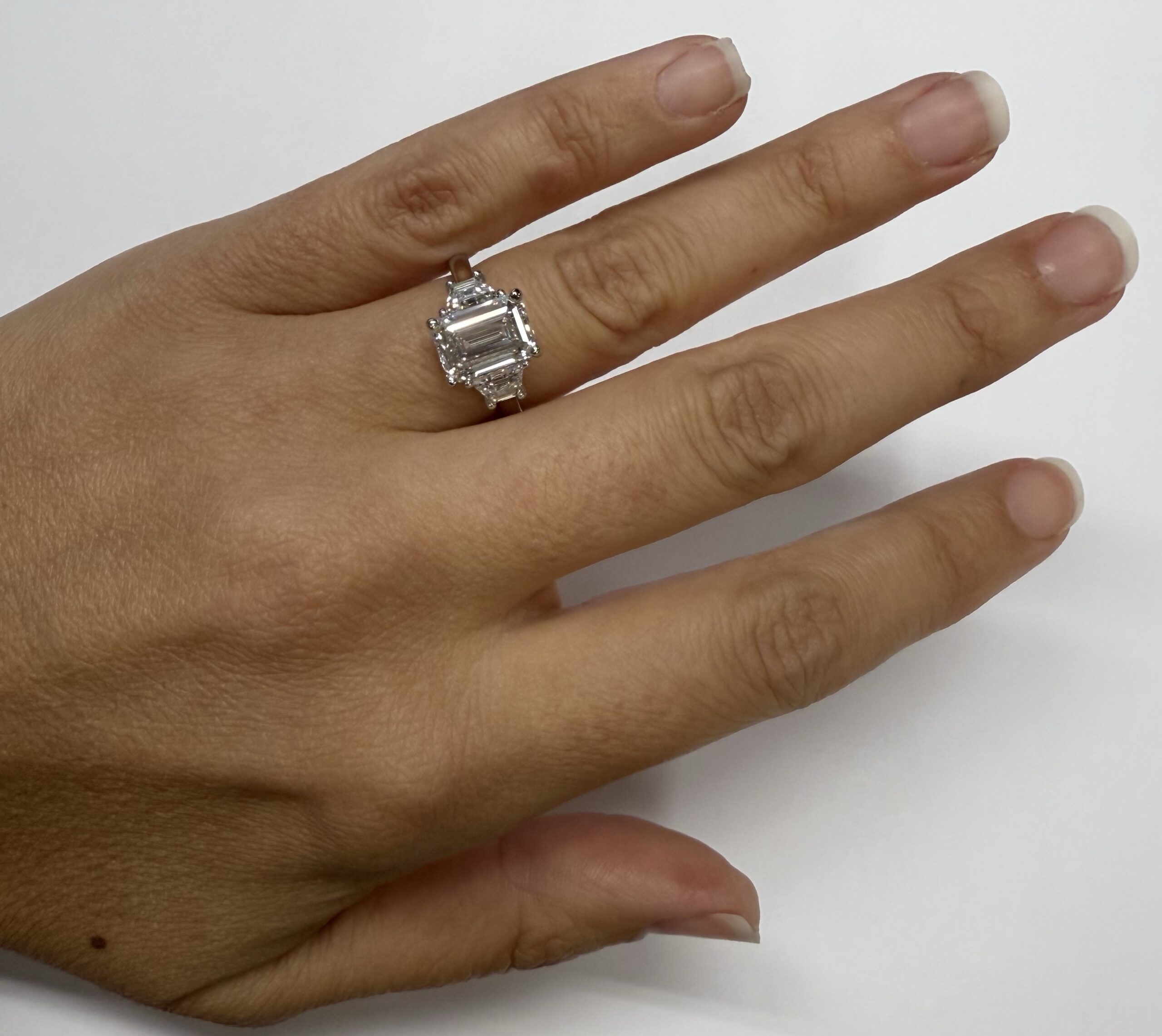 Custom Made Platinum IGI Certified Genuine 3.07 Carat Laboratory Grown Emerald Cut Diamond & Trapezoid Ring - Image 16