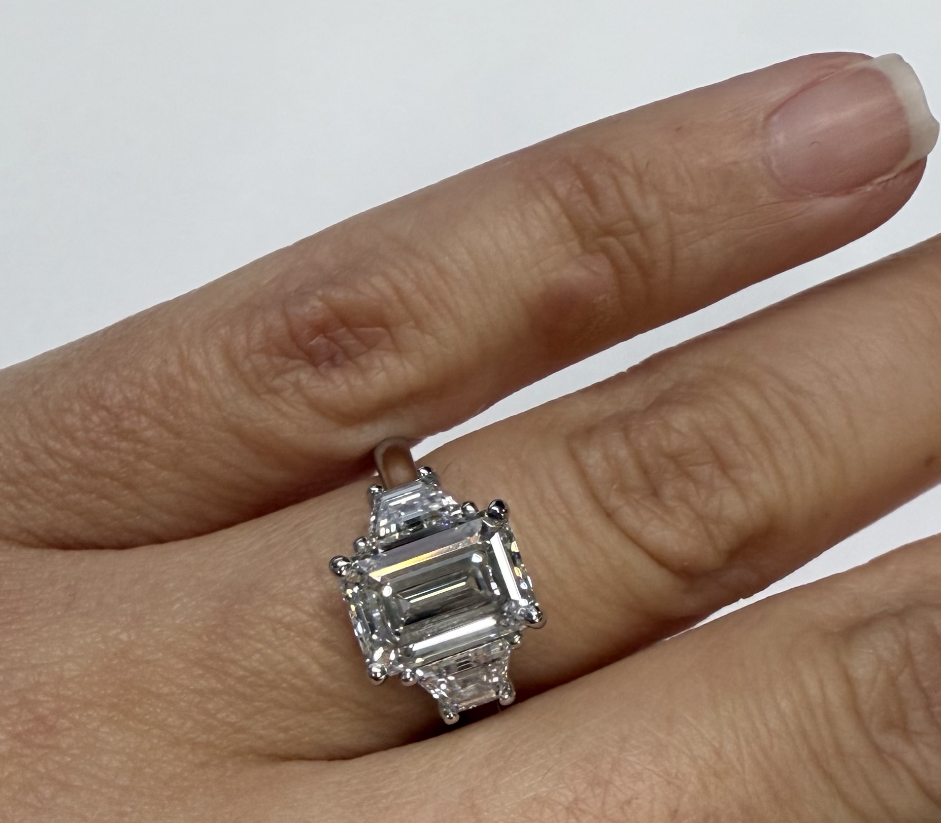 Custom Made Platinum IGI Certified Genuine 3.07 Carat Laboratory Grown Emerald Cut Diamond & Trapezoid Ring - Image 15