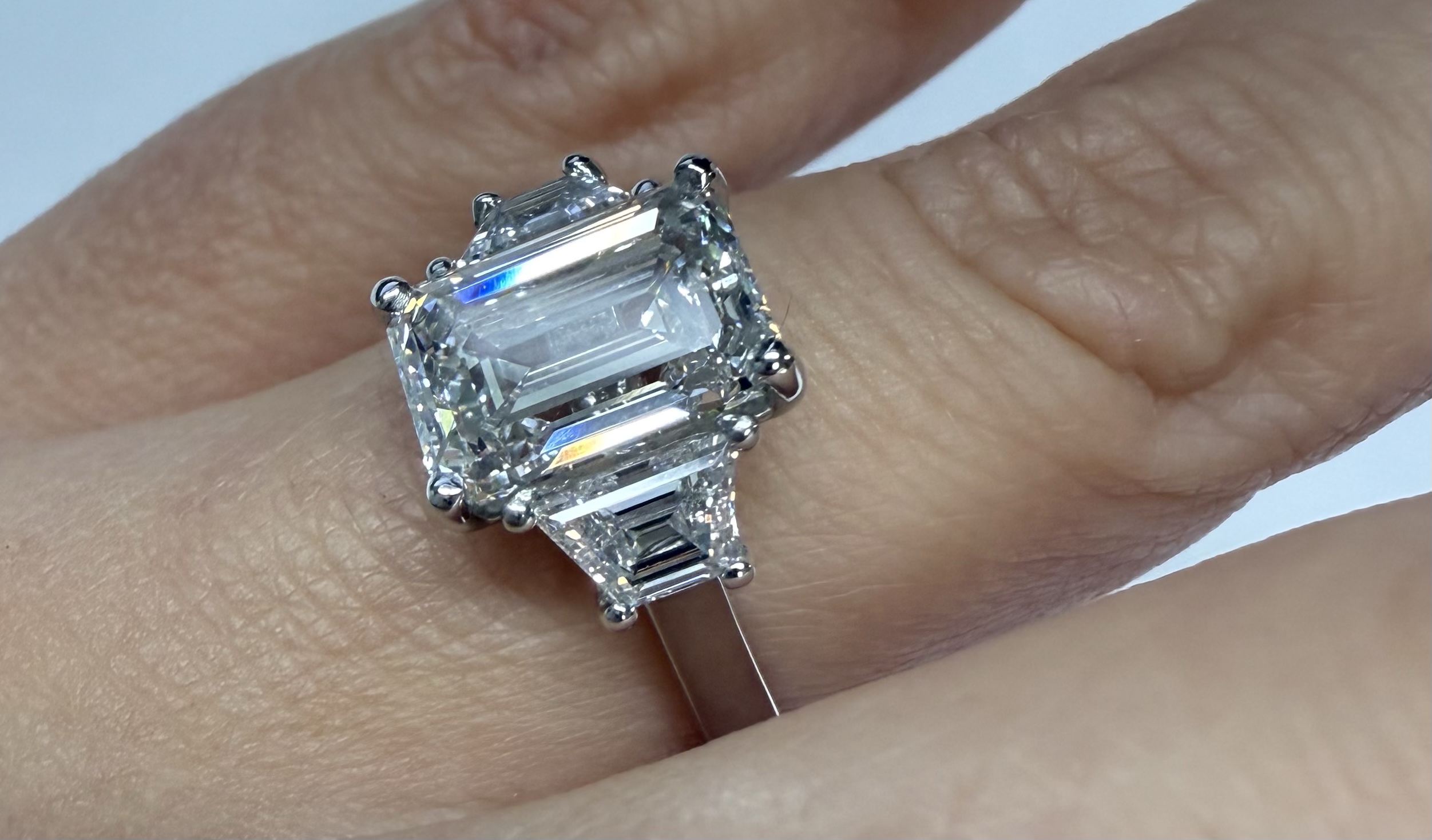 Custom Made Platinum IGI Certified Genuine 3.07 Carat Laboratory Grown Emerald Cut Diamond & Trapezoid Ring - Image 14