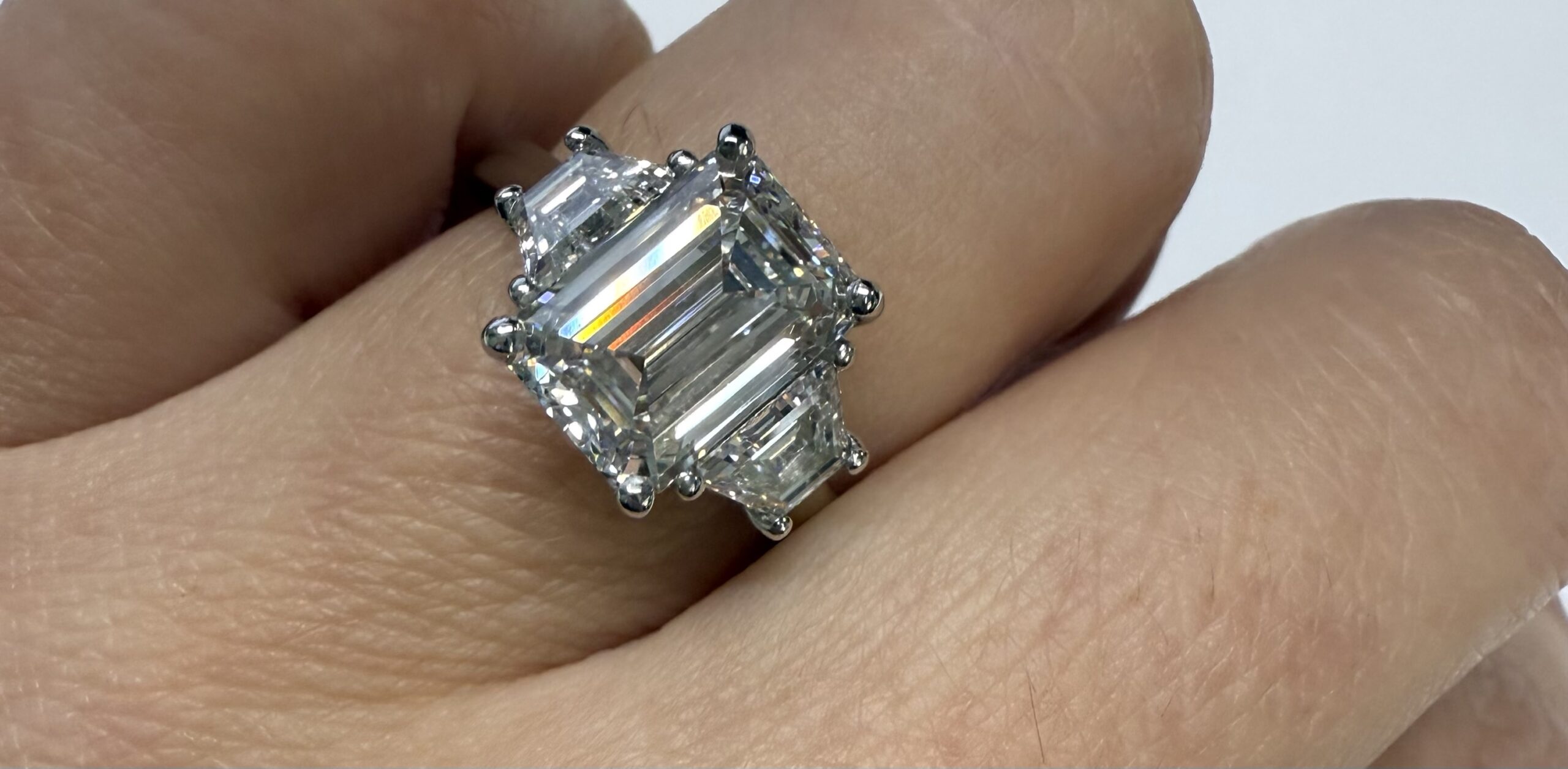 Custom Made Platinum IGI Certified Genuine 3.07 Carat Laboratory Grown Emerald Cut Diamond & Trapezoid Ring - Image 12