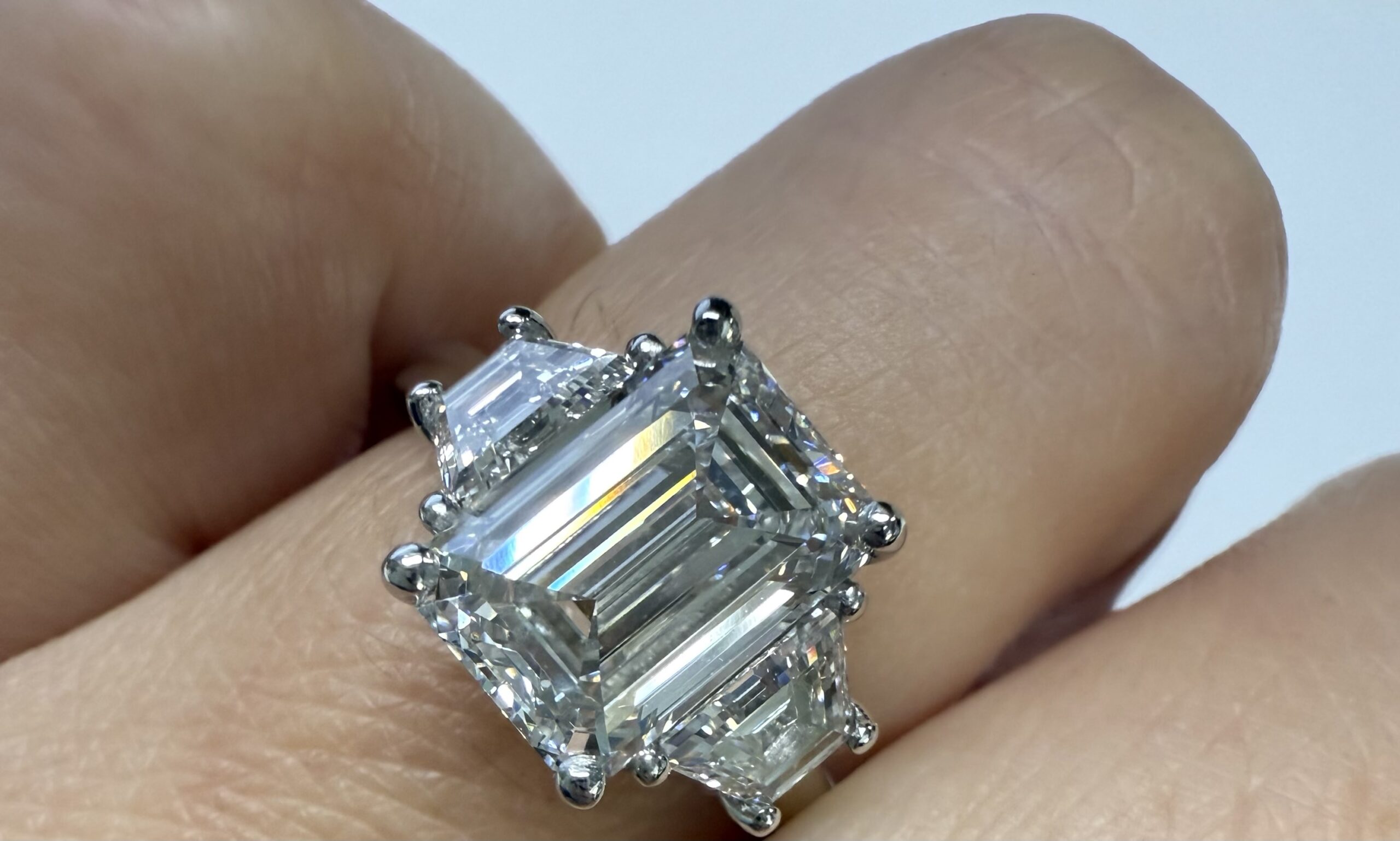 Custom Made Platinum IGI Certified Genuine 3.07 Carat Laboratory Grown Emerald Cut Diamond & Trapezoid Ring - Image 11