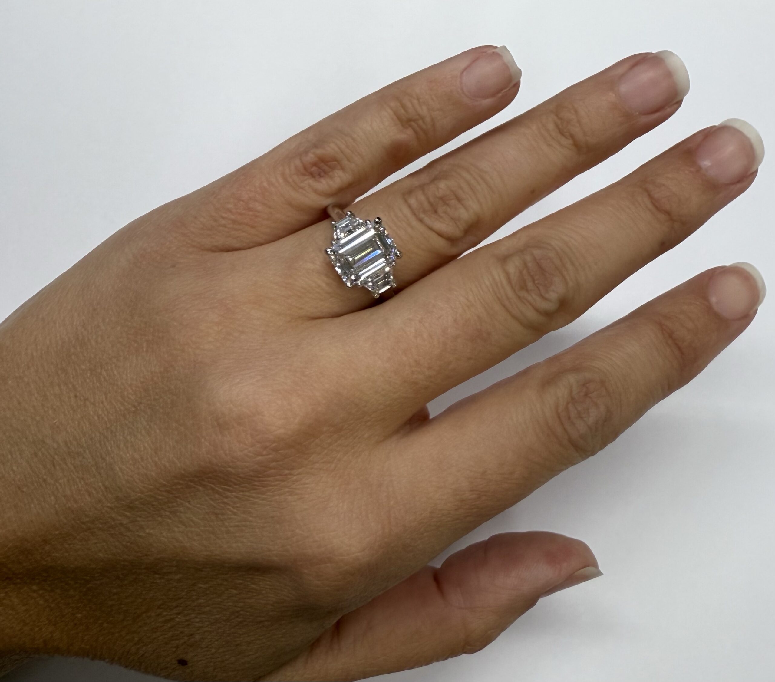 Custom Made Platinum IGI Certified Genuine 3.07 Carat Laboratory Grown Emerald Cut Diamond & Trapezoid Ring - Image 9