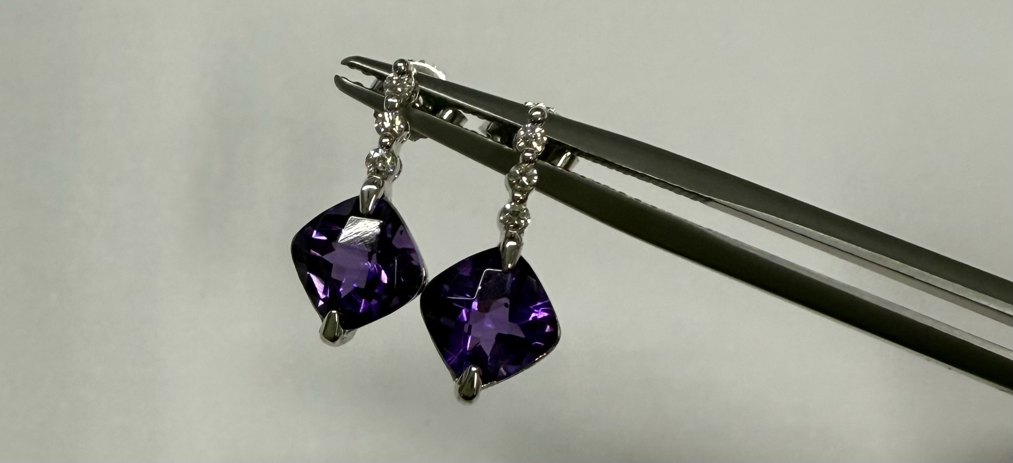 14k White Gold Genuine 2.20 Cttw Amethyst & Diamond Dangle Stud Earrings