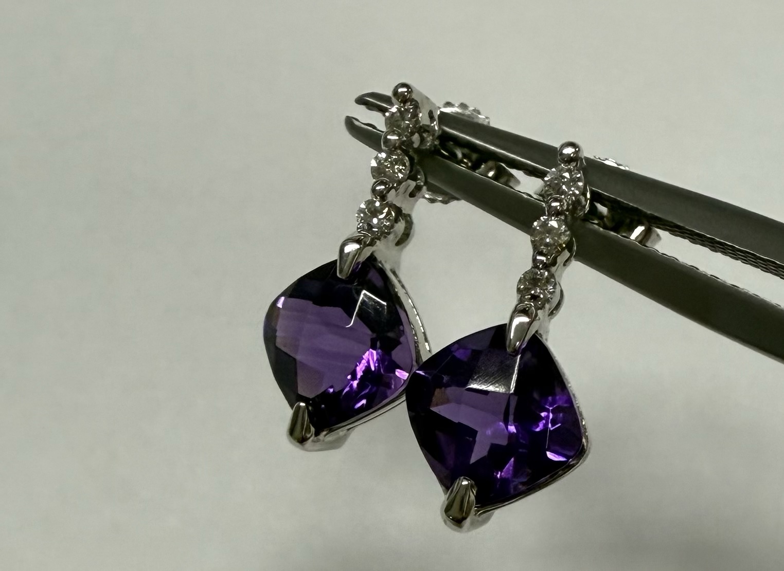 14k White Gold Genuine 2.20 Cttw Amethyst & Diamond Dangle Stud Earrings - Image 3