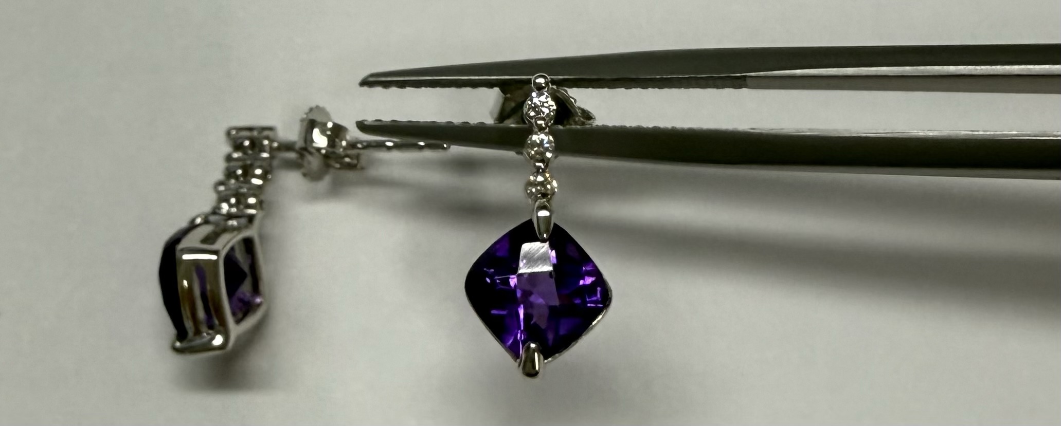 14k White Gold Genuine 2.20 Cttw Amethyst & Diamond Dangle Stud Earrings - Image 7