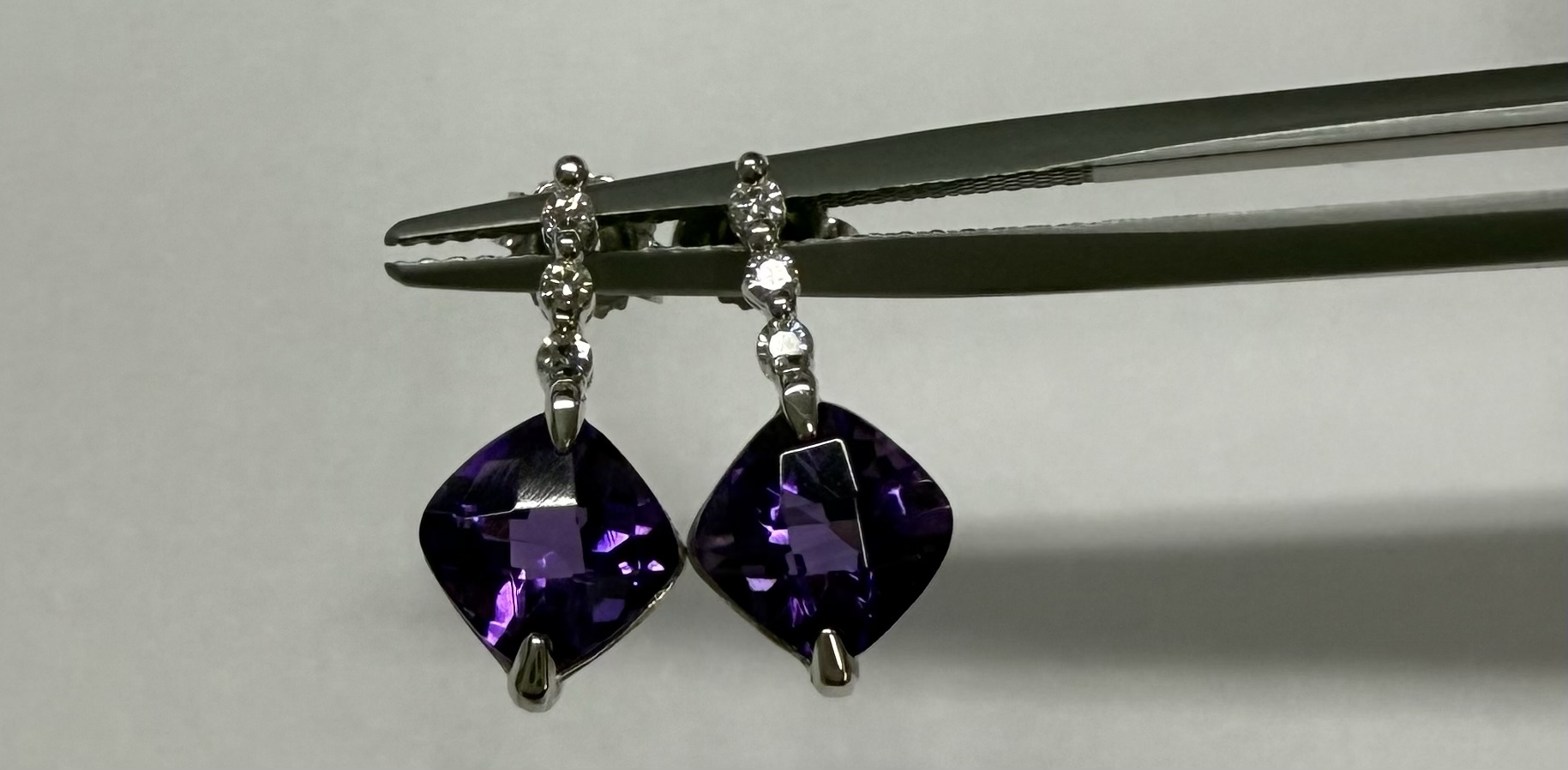 14k White Gold Genuine 2.20 Cttw Amethyst & Diamond Dangle Stud Earrings - Image 6