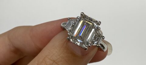 Custom Made Platinum IGI Certified Genuine 3.07 Carat Laboratory Grown Emerald Cut Diamond & Trapezoid Ring