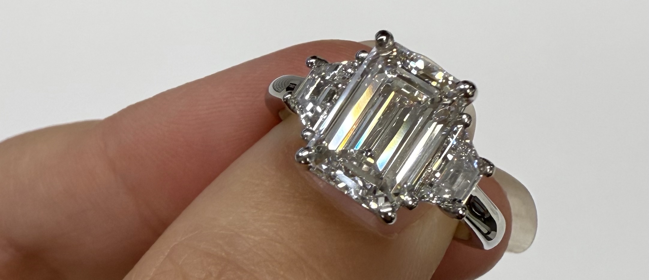 Custom Made Platinum IGI Certified Genuine 3.07 Carat Laboratory Grown Emerald Cut Diamond & Trapezoid Ring - Image 2