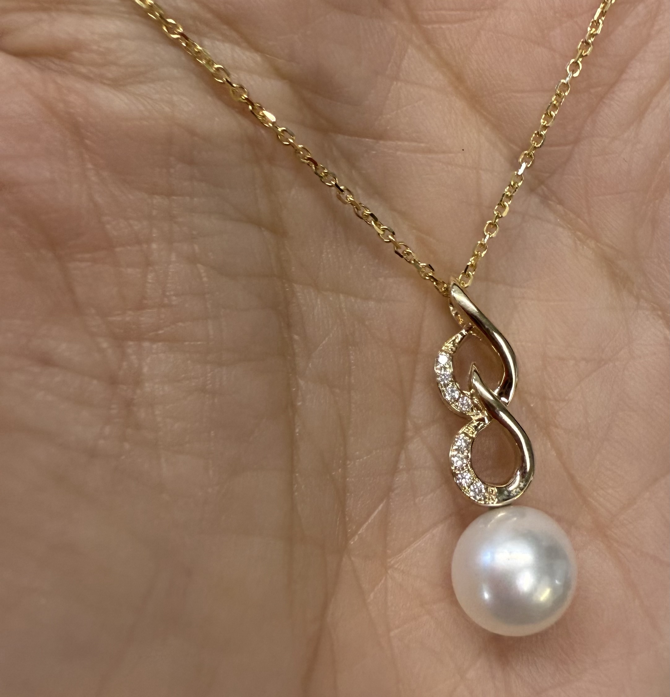 14k Yellow Gold 8.5 MM Cultured Pearl & Diamond Infinity Motif Pendant - Image 11